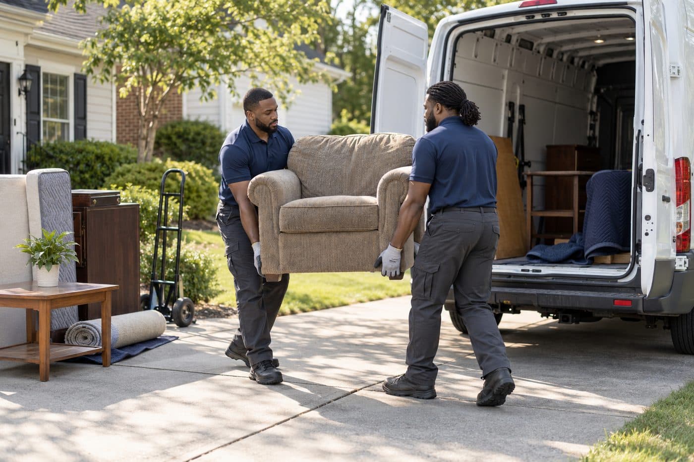 Two Iron Bridge movers carrying an armchair into a van