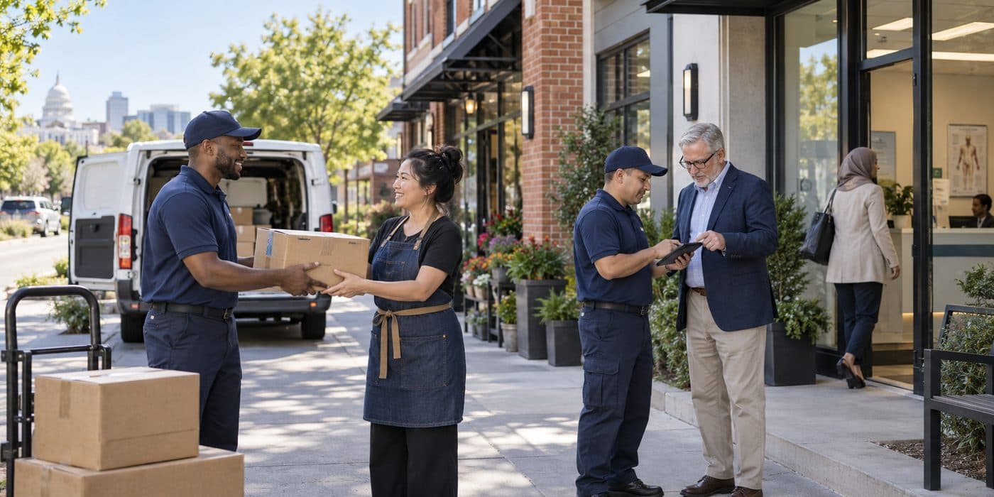 Iron Bridge driver handing a box to a shop owner on a commercial street
