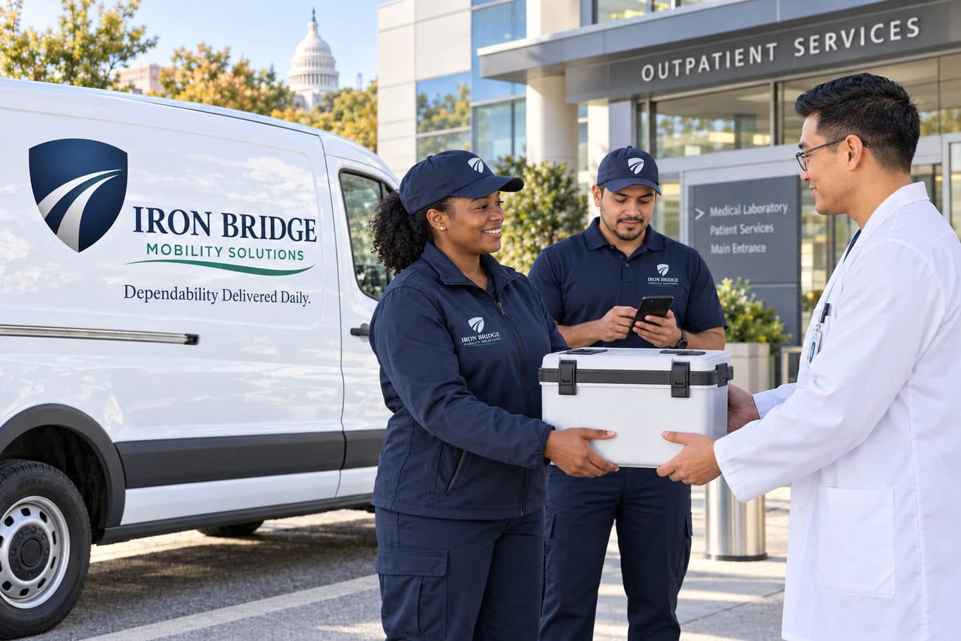 Iron Bridge staff handing a specimen cooler to a doctor outside a hospital